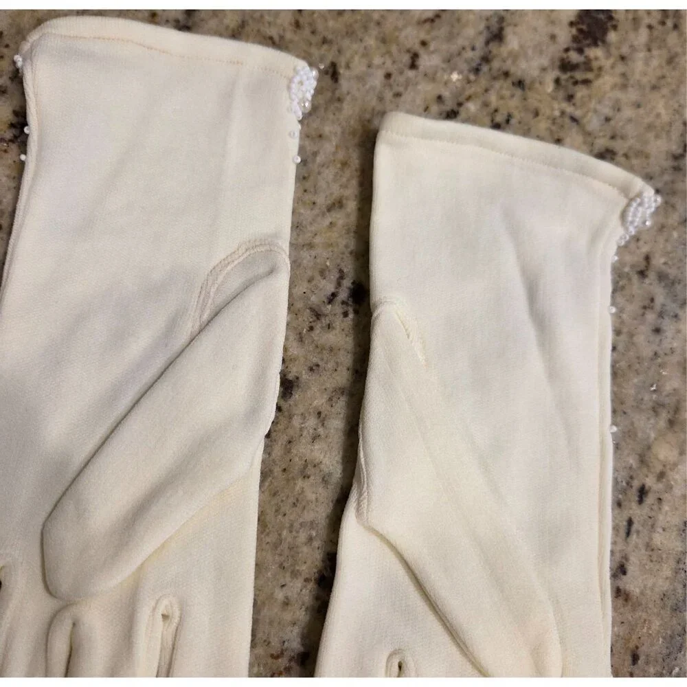 New! Vintage Women's One Size Stretch Nylon Yellow Formal Gloves Beaded Pearly